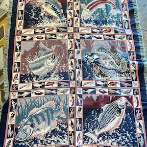 Vintage 1990’s Goodwin Weavers Fish Tapestry Blanket. Goodwin Weavers Blanket. Fisherman Tapestry Throw. Lap Blanket.