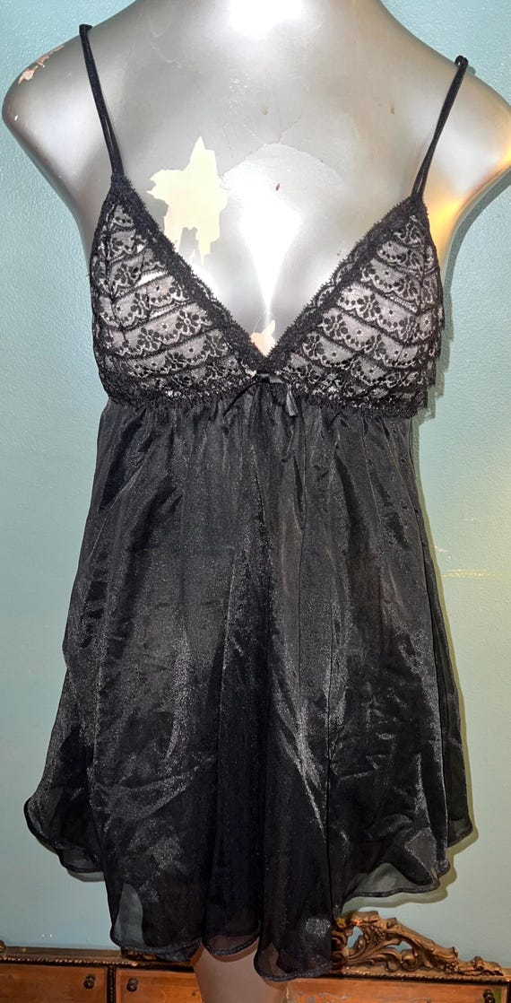Vintage 1960’s Sheer Black Shadow Line Babydoll Nightie, Size Small