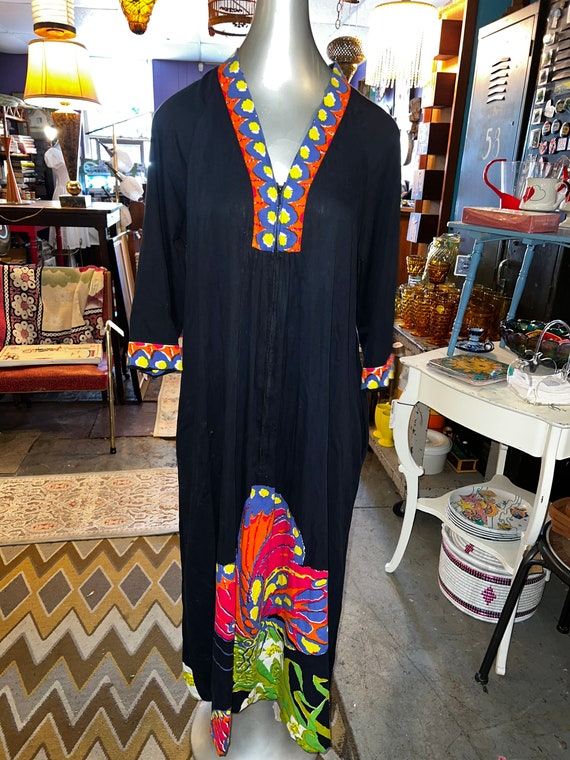 Vintage Neiman Marcus Kaftan. Hand Screened Loungewear Dress, Size Small