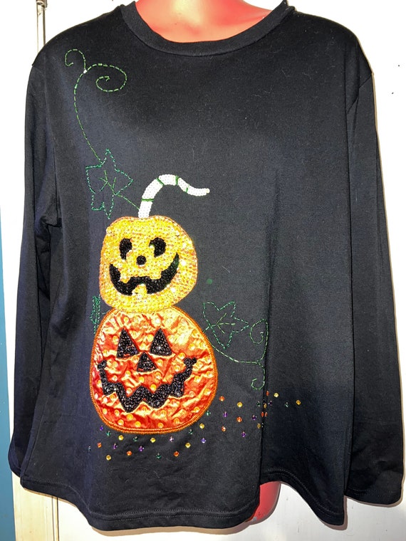 Vintage Ugly Halloween Shirt. Sequin Pumpkin Hallo