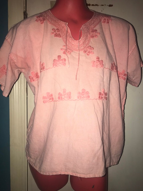 Vintage 1960's Pink Boho Shirt. Short Sleeved Emb… - image 1