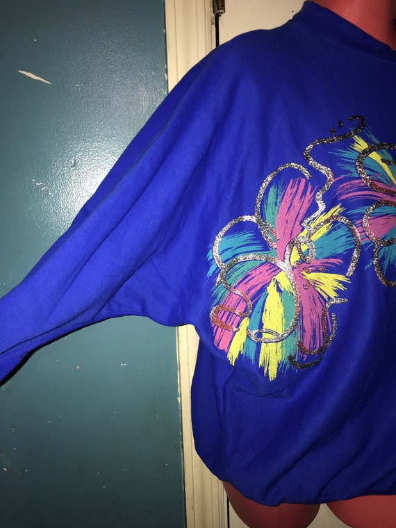 Vintage 80's Painted Sweatshirt. Bright Blue Pain… - image 2