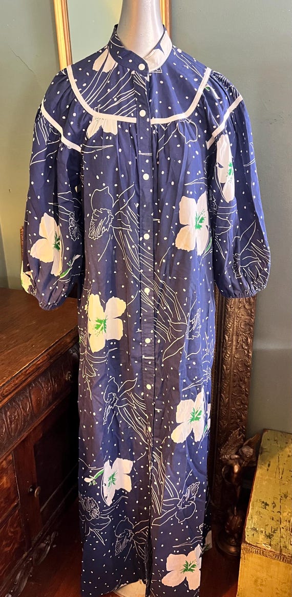 Vintage Navy Floral Puffy Sleeve Models Coat House Dress, Size 10