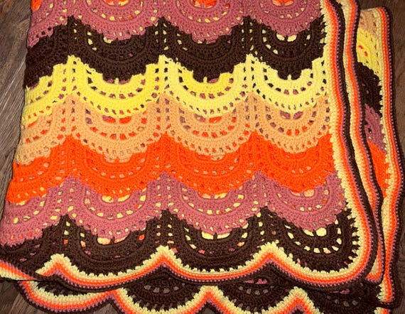Vintage Fall Colors Rainbow Weave Afghan Blanket, “Candy Corn”   Afghan