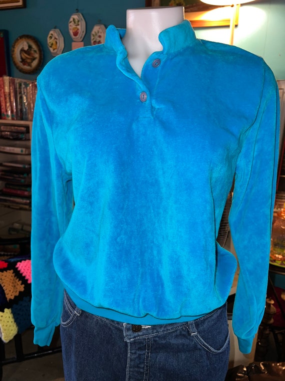 Vintage 80's Shirt. Woman's Velour Shirt. Turquois