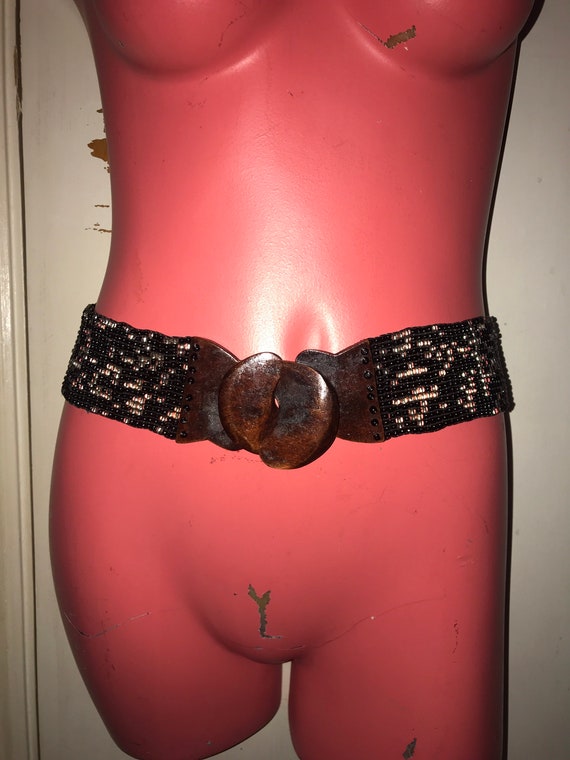 Vintage Beaded Elastic Belt. Black Beaded Belt With Wood Buckle. Black Bead Stretch Belt. The Belt That Needs No Description!!