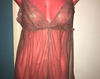 Vintage Brown Victorias Secret Nightie. Brown Sheer and Lace Nightie. Short Nightgown. Victorias Secret Babydoll Nightie. Size Medium