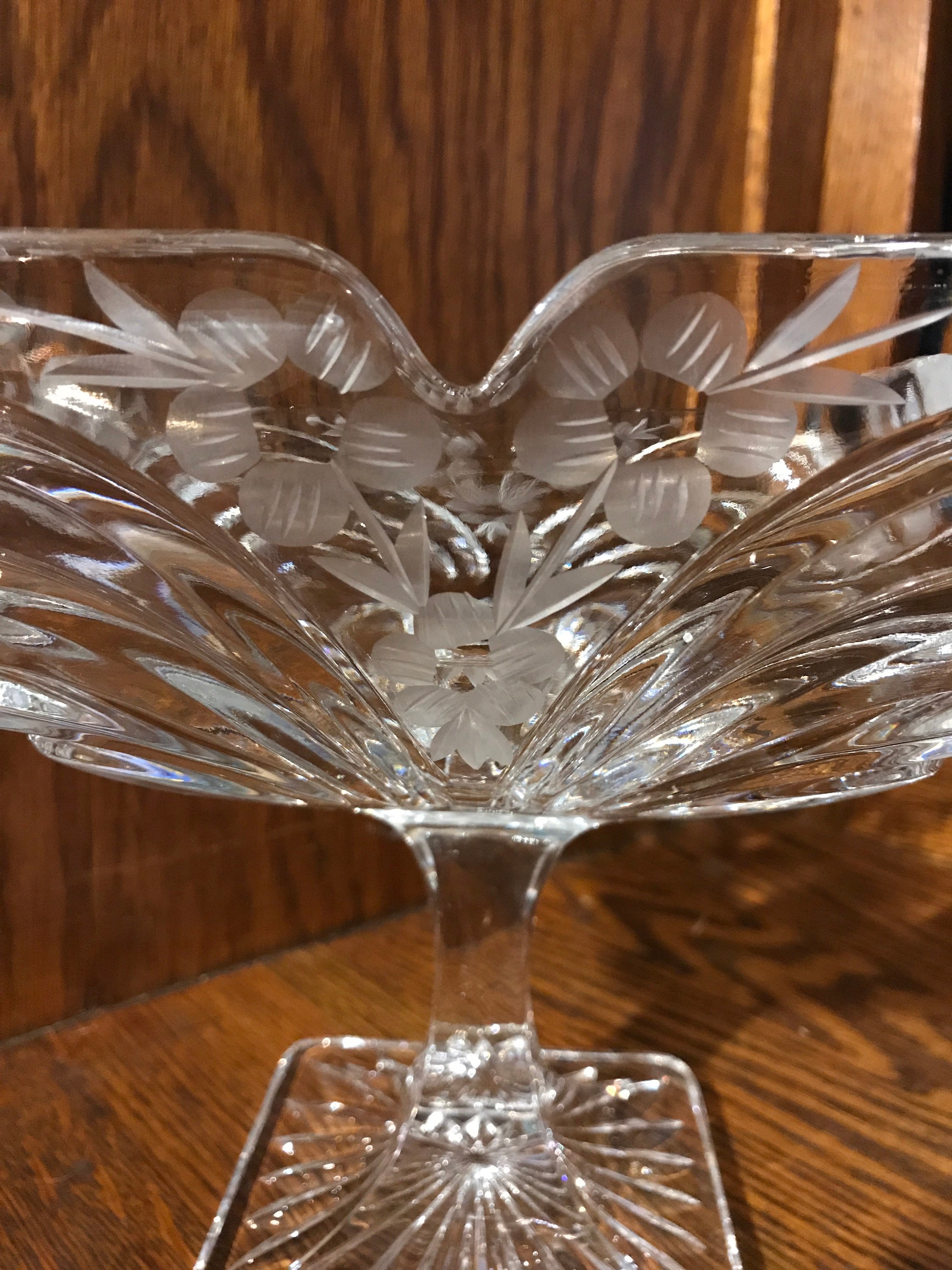 Vintage Crystal Glass Compote Dish. Floral Etched Crystal/Glass Candy