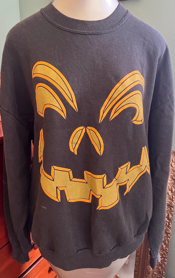 Vintage Black Halloween Sweatshirt, Scary Jack O Lantern, Size XL
