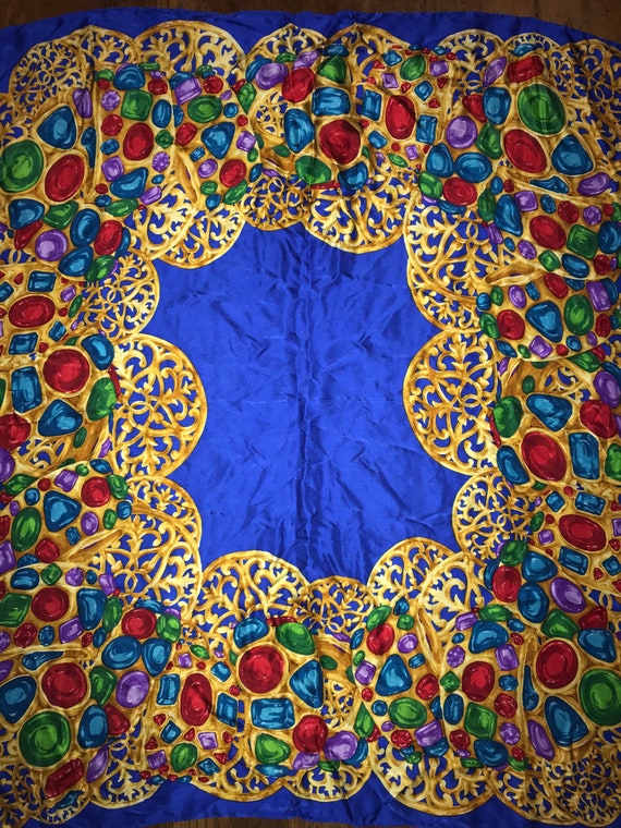 Vintage Silk Scarf. Gorgeous Blue and Gold Silk S… - image 2