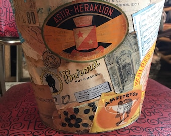 Vintage Metal Trashcan. Decoupage Trashcan. Very Cool Travel Metal Trashcan. Home Decor. Decoupage Decor.