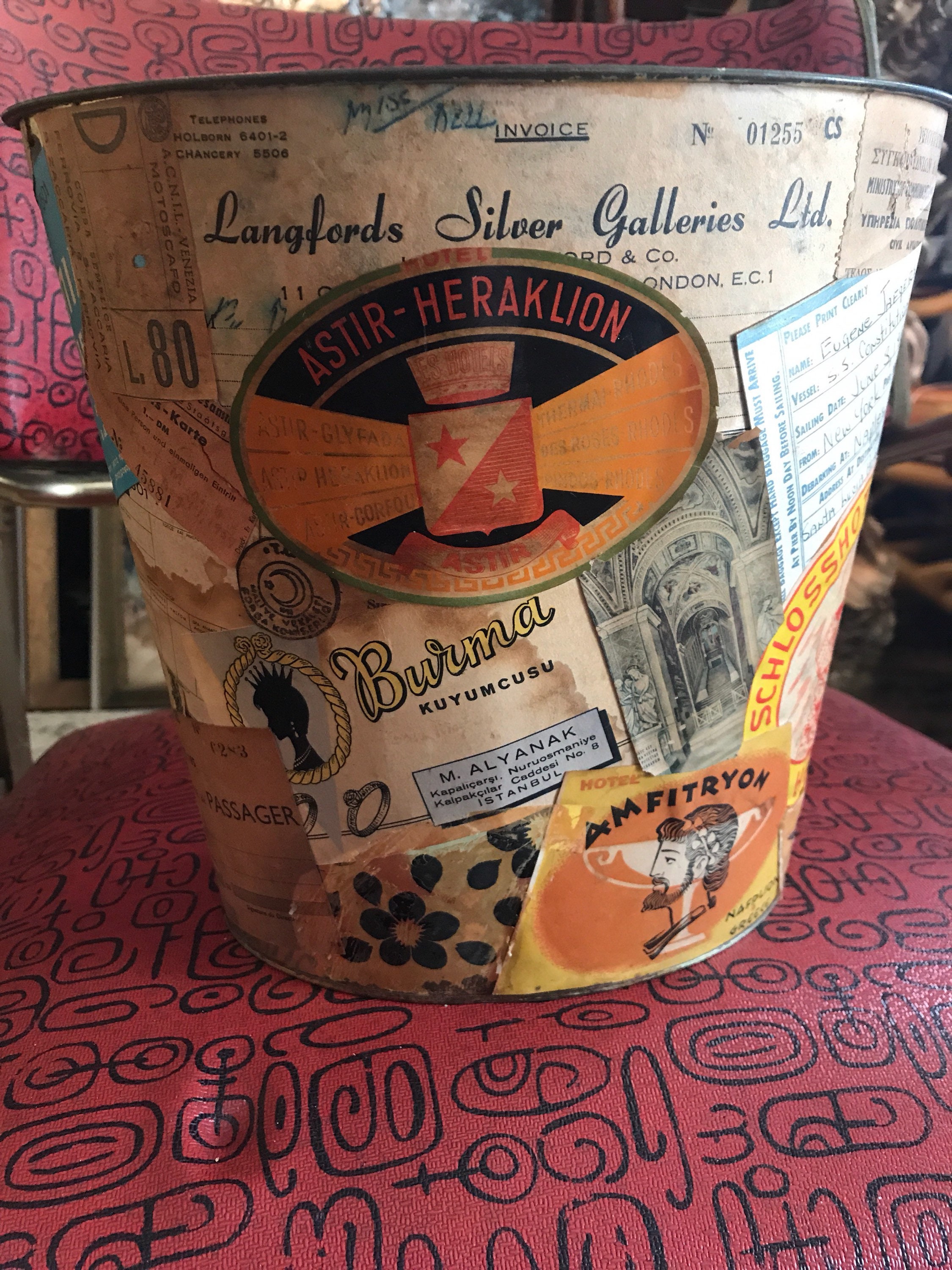 Vintage Metal Trashcan. Decoupage Trashcan. Very Cool Travel Etsy