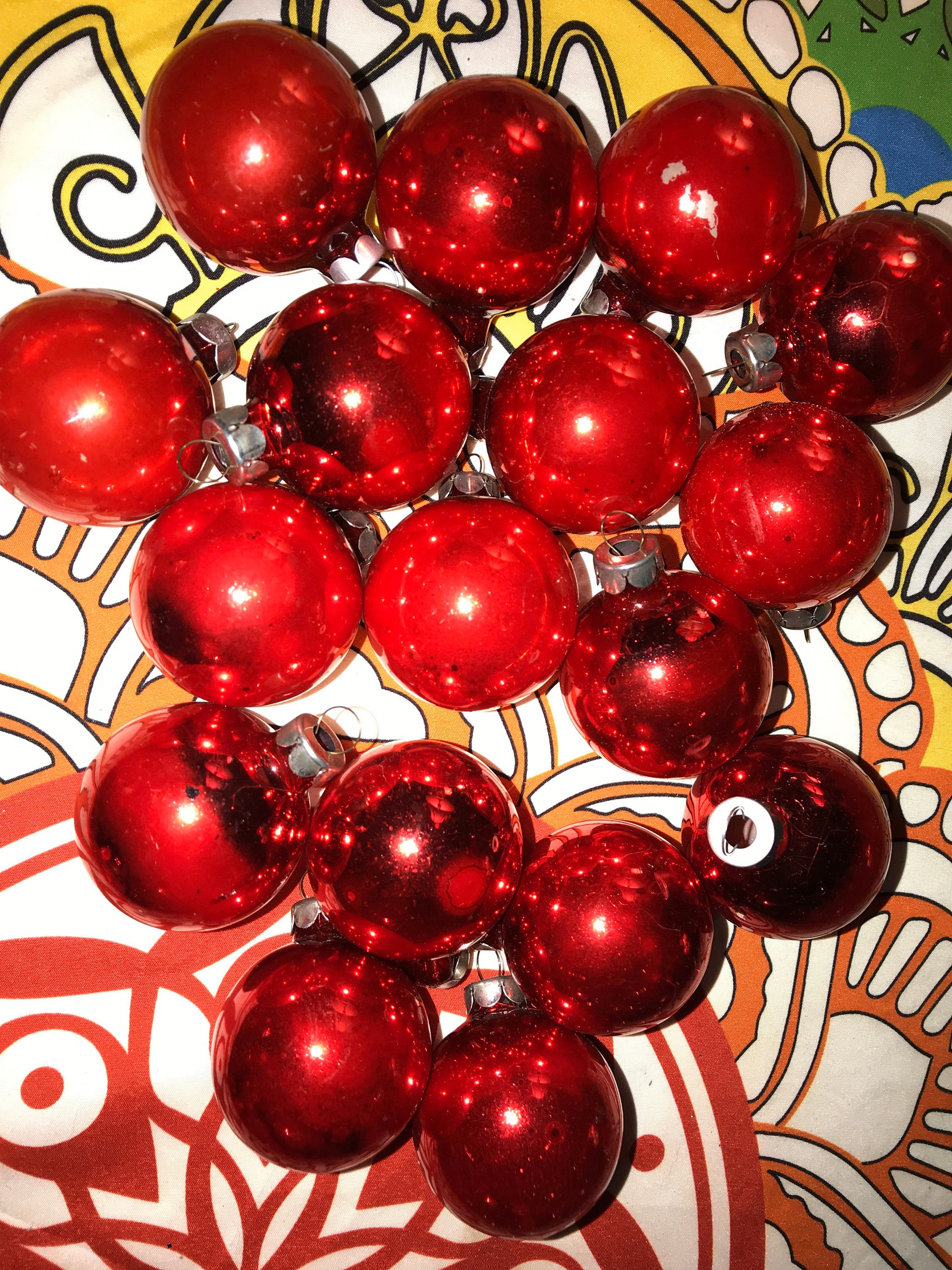 Vintage Red Glass Ball Ornaments. Small Red Glass Ball Ornaments. Set