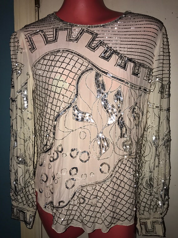 Vintage Sequin Shirt. Sequin Shirt. Vintage White
