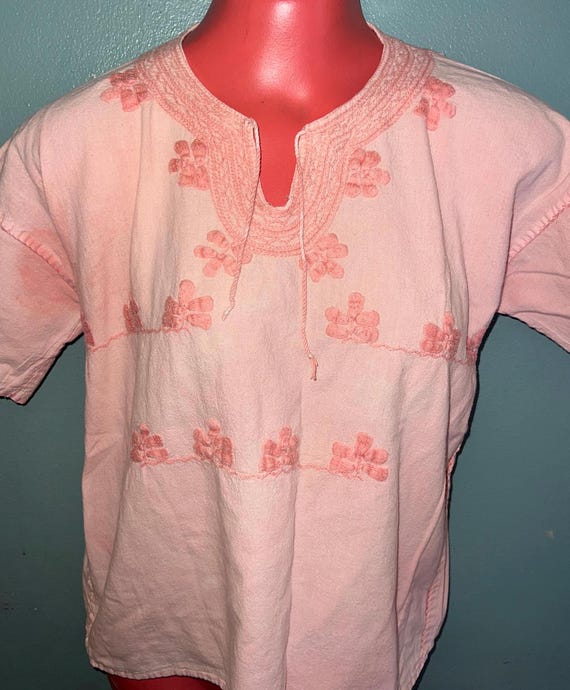 Vintage 1960's Pink Peasant Shirt. Short Sleeved Embroidered Shirt