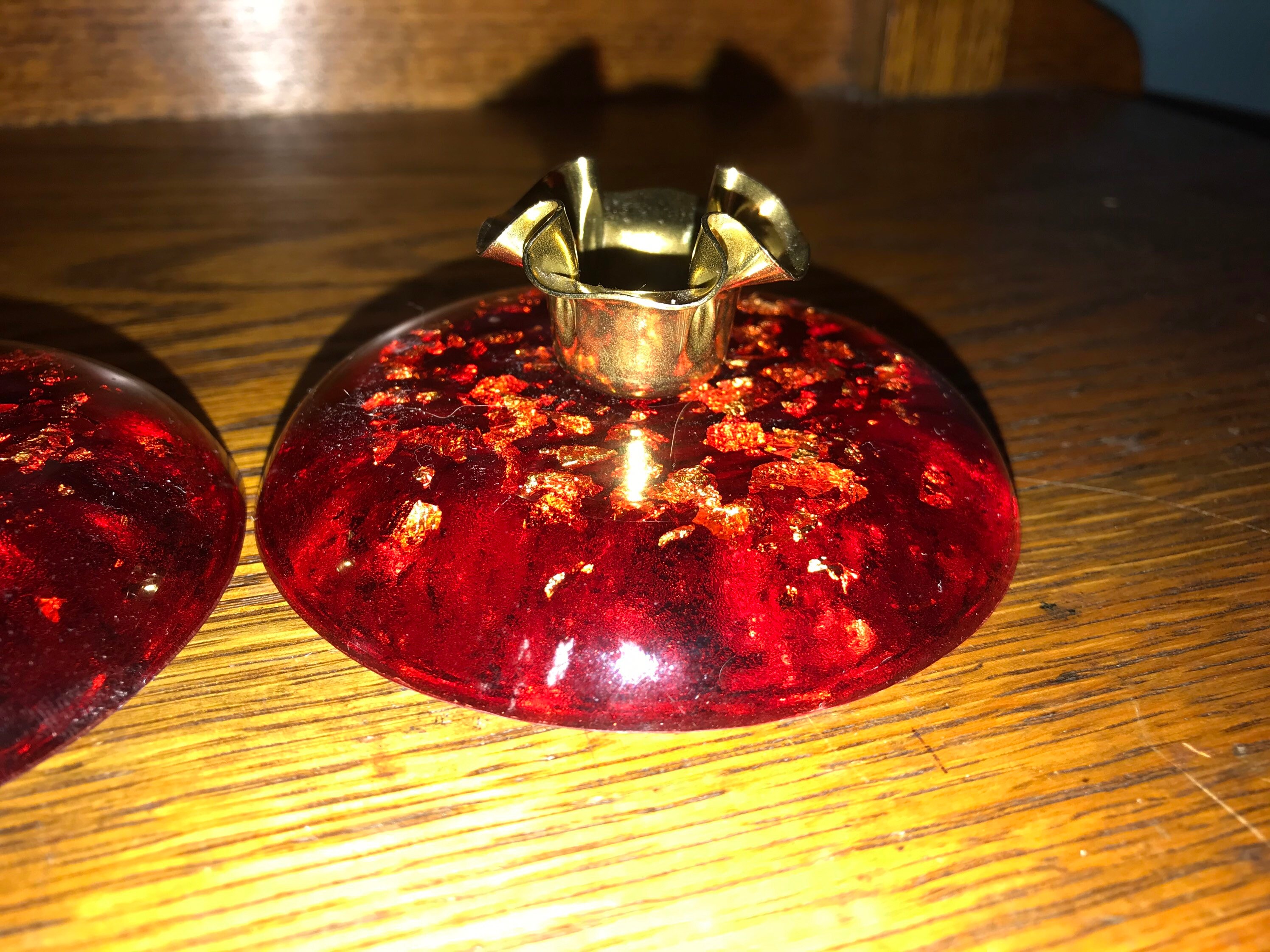 Vintage Red and Gol Lucite Candlestick Holders. Red Lucite With Gold