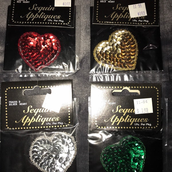 Vintage Sequin Applique. Sequin Hearts Appliqués. Set of Four Sequin Heart Appliqués. Heart Applique