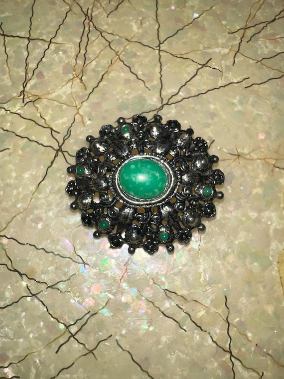 Vintage Tarnished Silver and Green Stone Brooch