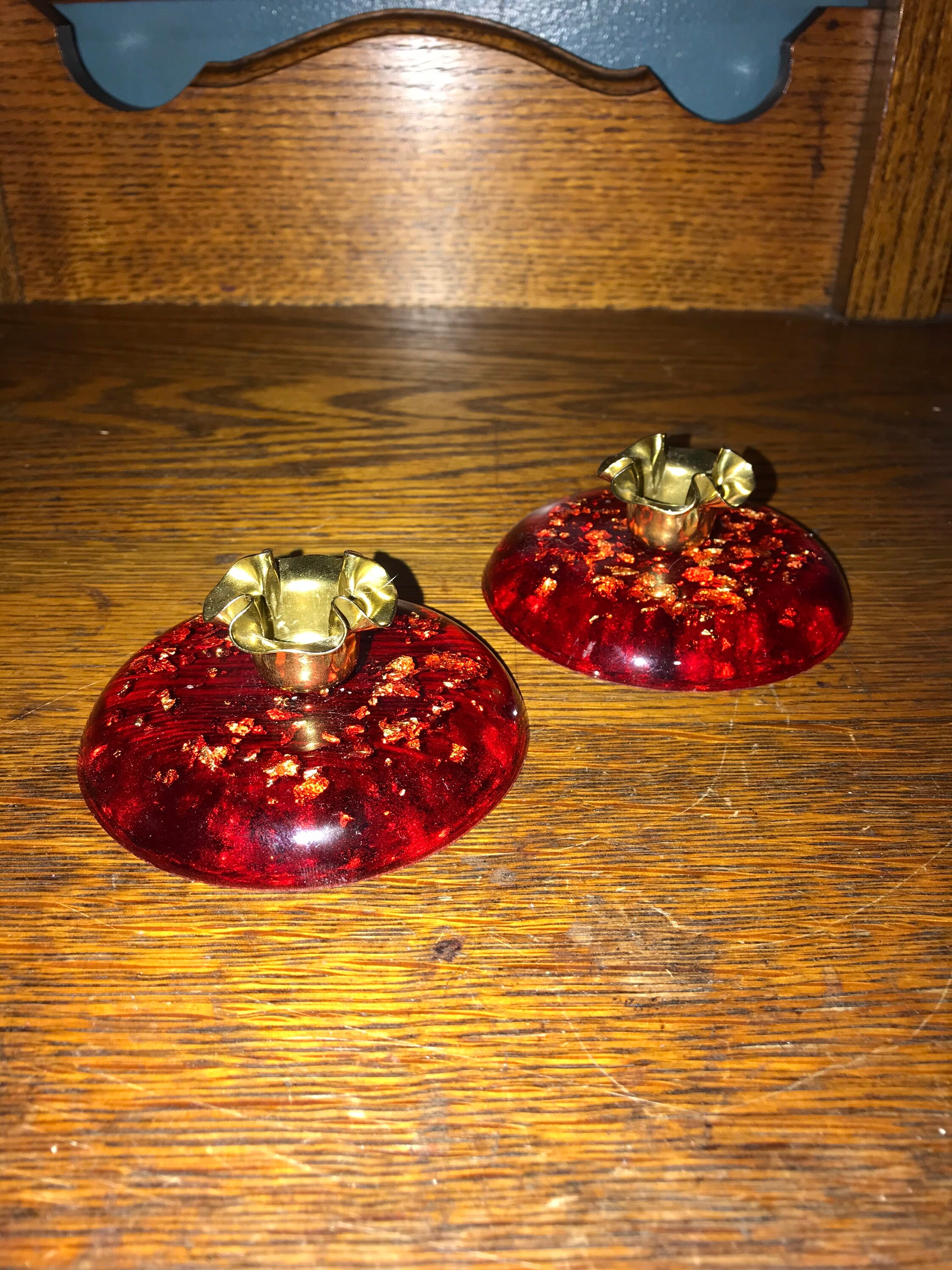 Vintage Red and Gol Lucite Candlestick Holders. Red Lucite With Gold