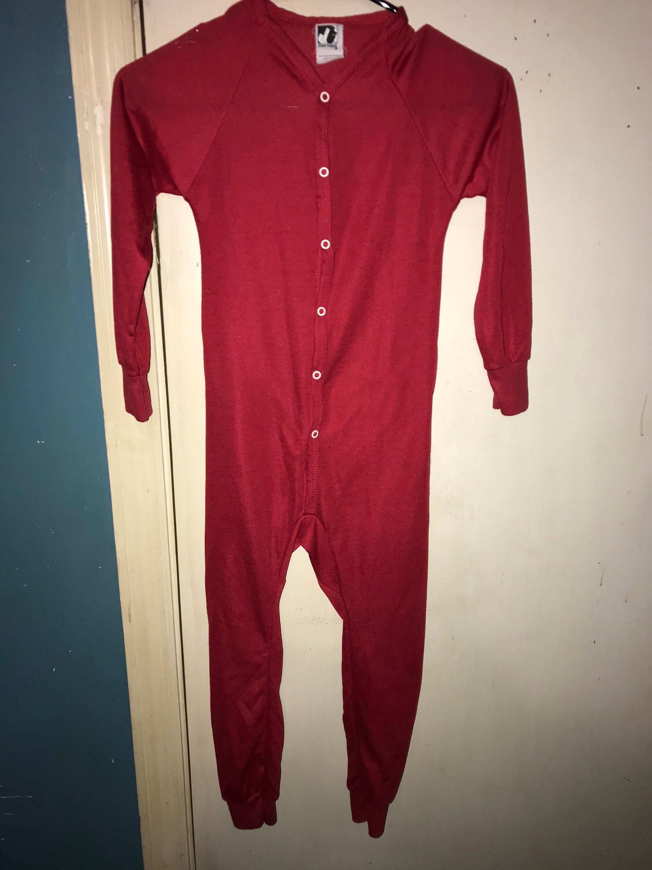 Vintage Kids Red Union Suit With Rear Butt Flap. Children's Cherry