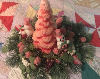 Vintage Christmas Table Centerpiece. Vintage Holiday Table Centerpiece. Pink Shabby Chic Candle Christmas Tree. Christmas Tree Candle.