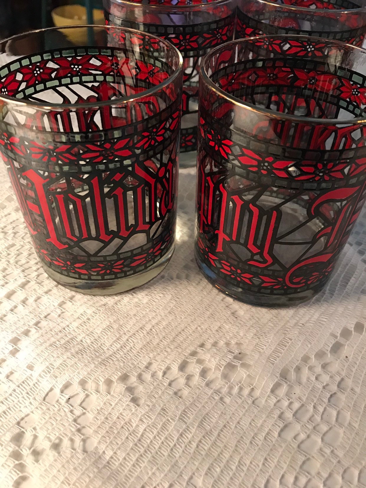 Vintage Happy Holidays Glasses. Vintage Houze Happy Holidays Lowball