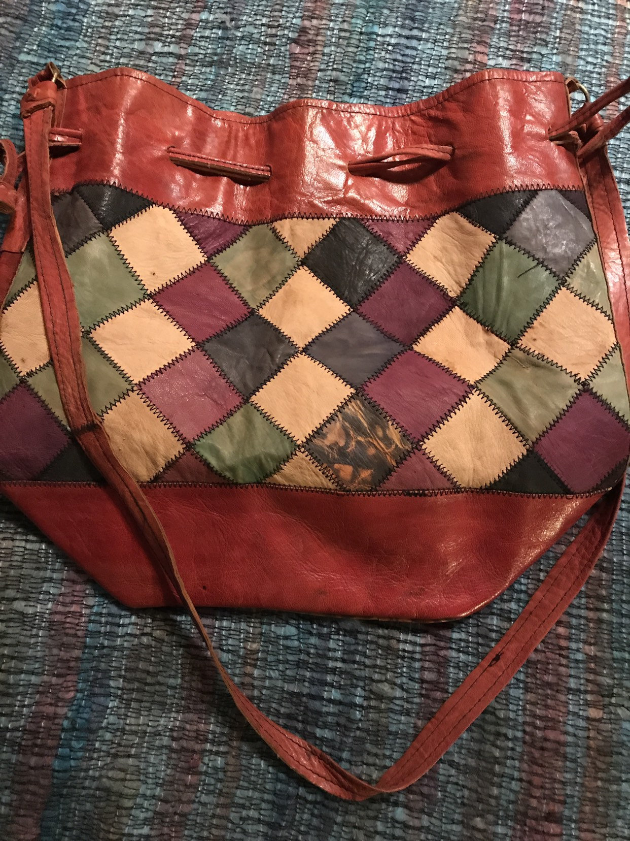 Vintage Patchwork Purse. Handmade Leather Patchwork Purse. Drawstring Bucket Bag. Vintage Purse