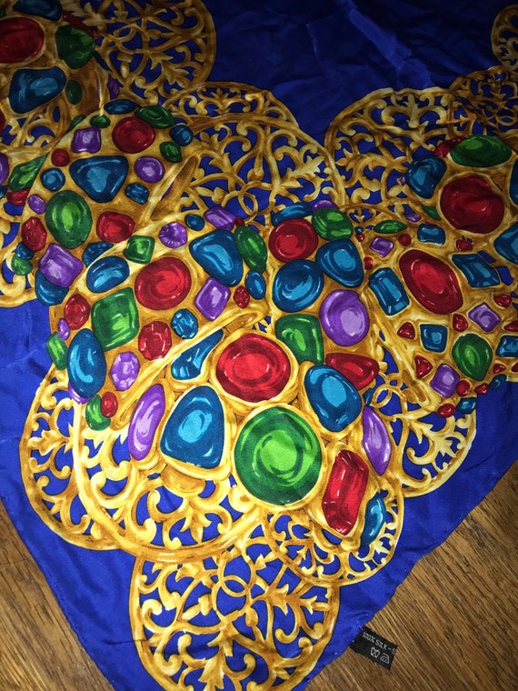 Vintage Silk Scarf. Gorgeous Blue and Gold Silk S… - image 3