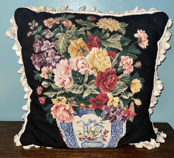 Antique Designer Black Floral Needlepoint Pillow With Tassels