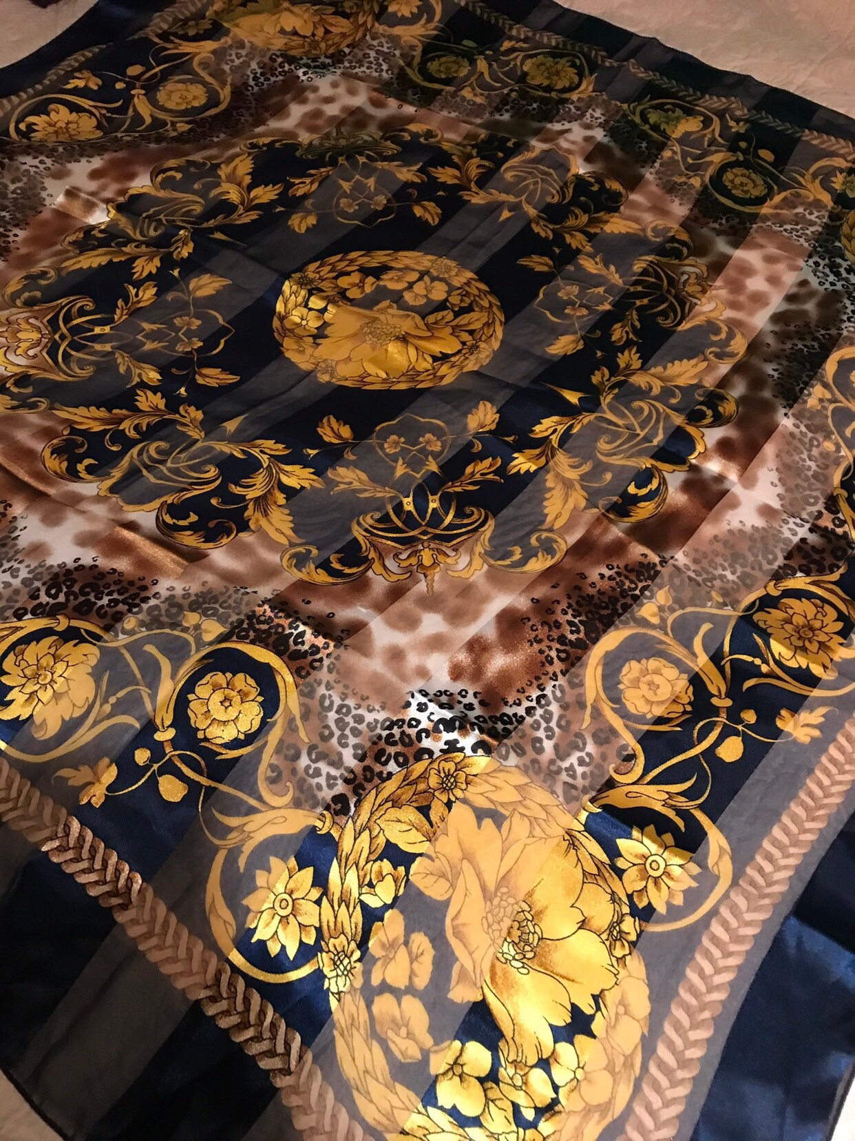 Vintage Bold Navy and Gold Satin Scarf. Large Navy Blue And Gold Floral ...