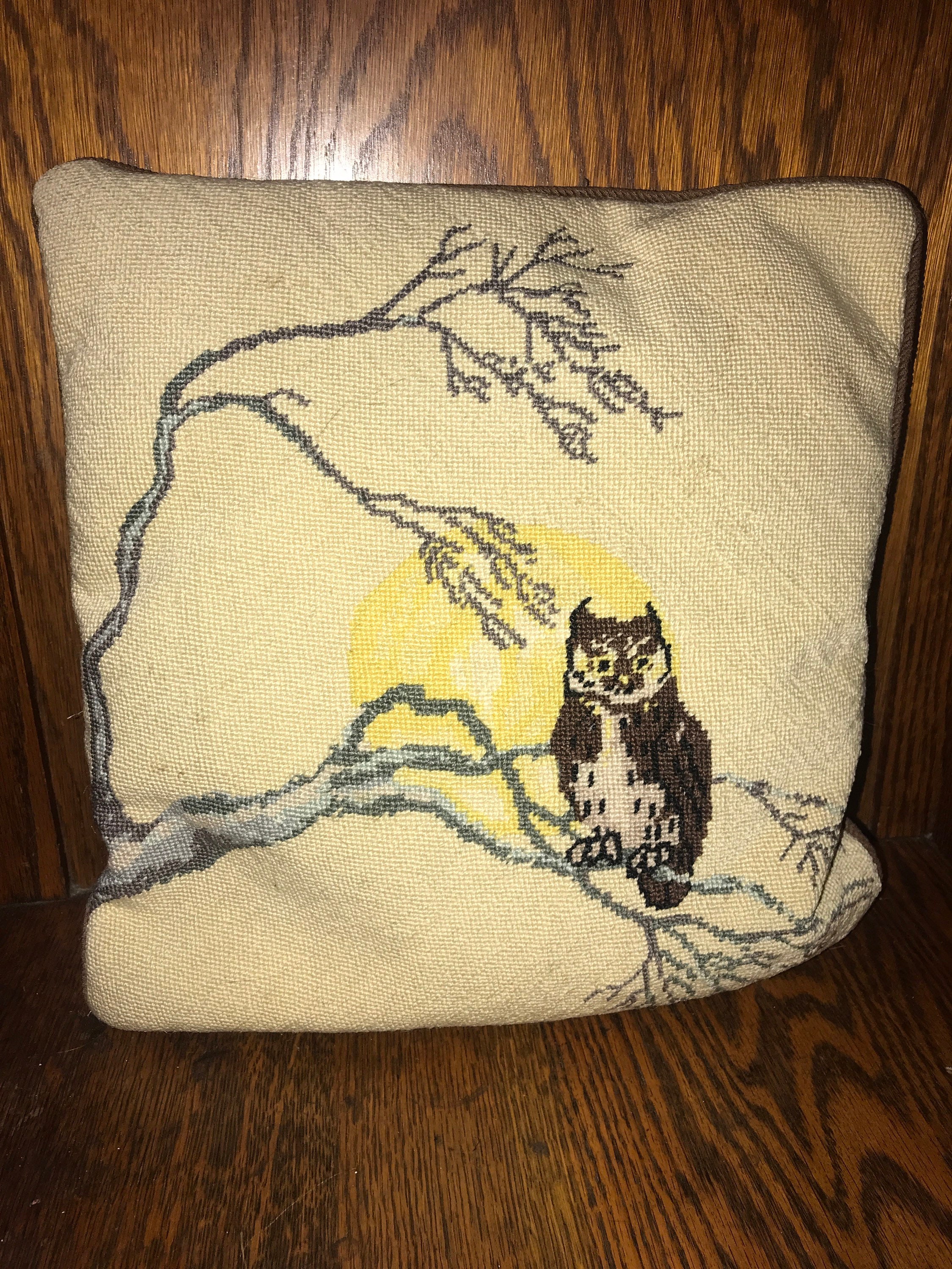 Vintage Needlepoint Pillow. Owl Needlepoint Pillow. Needlepoint Owl in