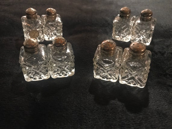 Vintage Silver Plated Salt and Pepper Shakers. Set of Eight. Four Pairs of Small Pressed Glass Salt and Pepper Shakers. Entertaining. Dining
