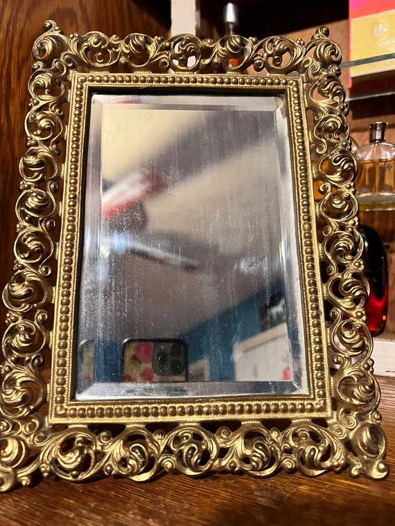 Antique Cast Brass Mirror. Ornate Brass Tabletop Mirror With Beveled Glass. Gorgeous Easel Back Brass Mirror