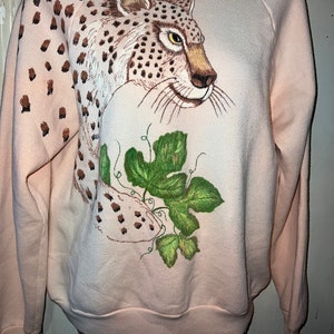 Vintage 80&#39;s Painted Big Cat Sweatshirt, Handpainted Cheetah, Size Large