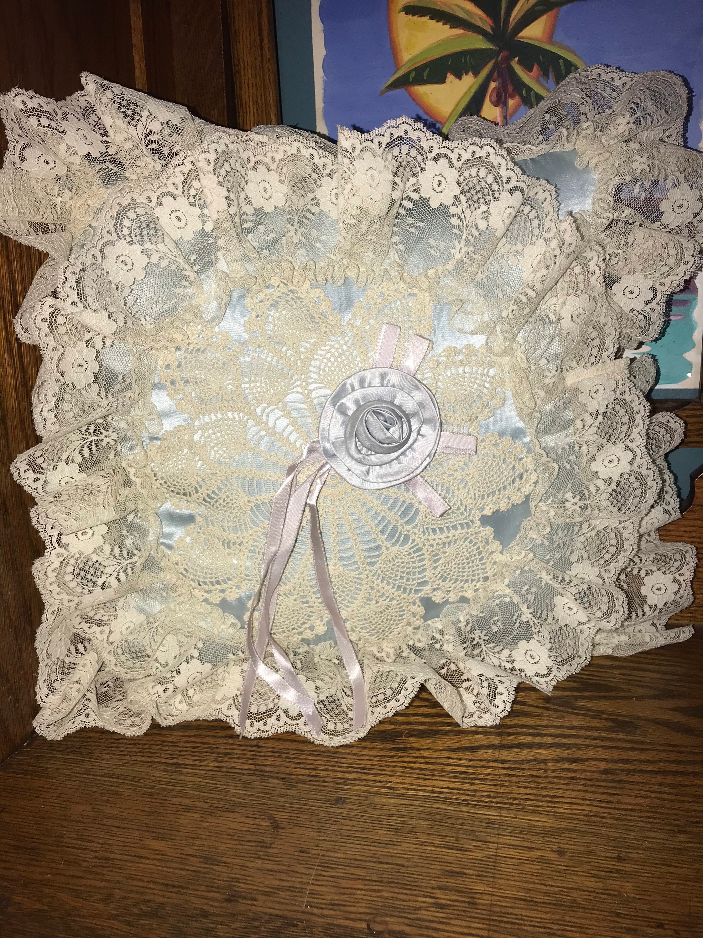 Vintage Blue Satin and Off White Lace Throw Pillow. Lace Shabby Chic