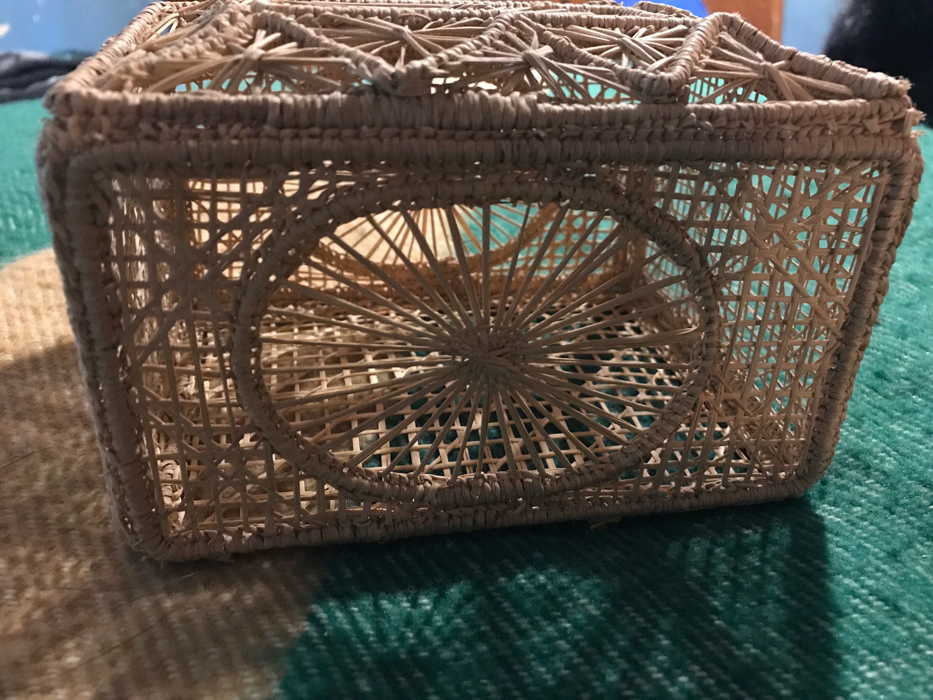 Vintage Small Woven Basket With Lid. Bohemian Woven Basket. Small