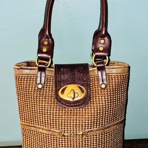 Vintage Brown Leather and Tweed Purse With Brass Accents, Made in Italy