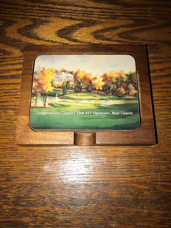 Vintage Golf Course Cork Coasters. Set of Four Golf Course Coasters With Wooden Holder. Golf Course Cork Back Coasters. Golfer Gift