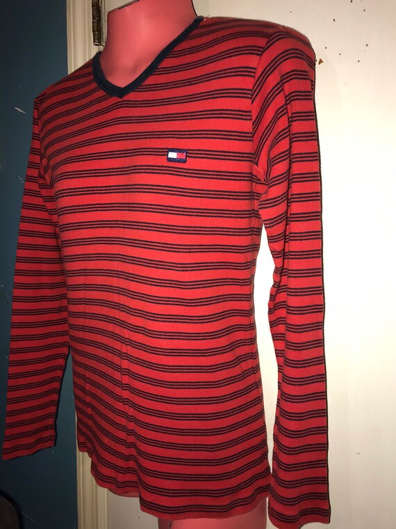 Vintage 90's Tommy Hilfiger Shirt. Red With Blue … - image 5