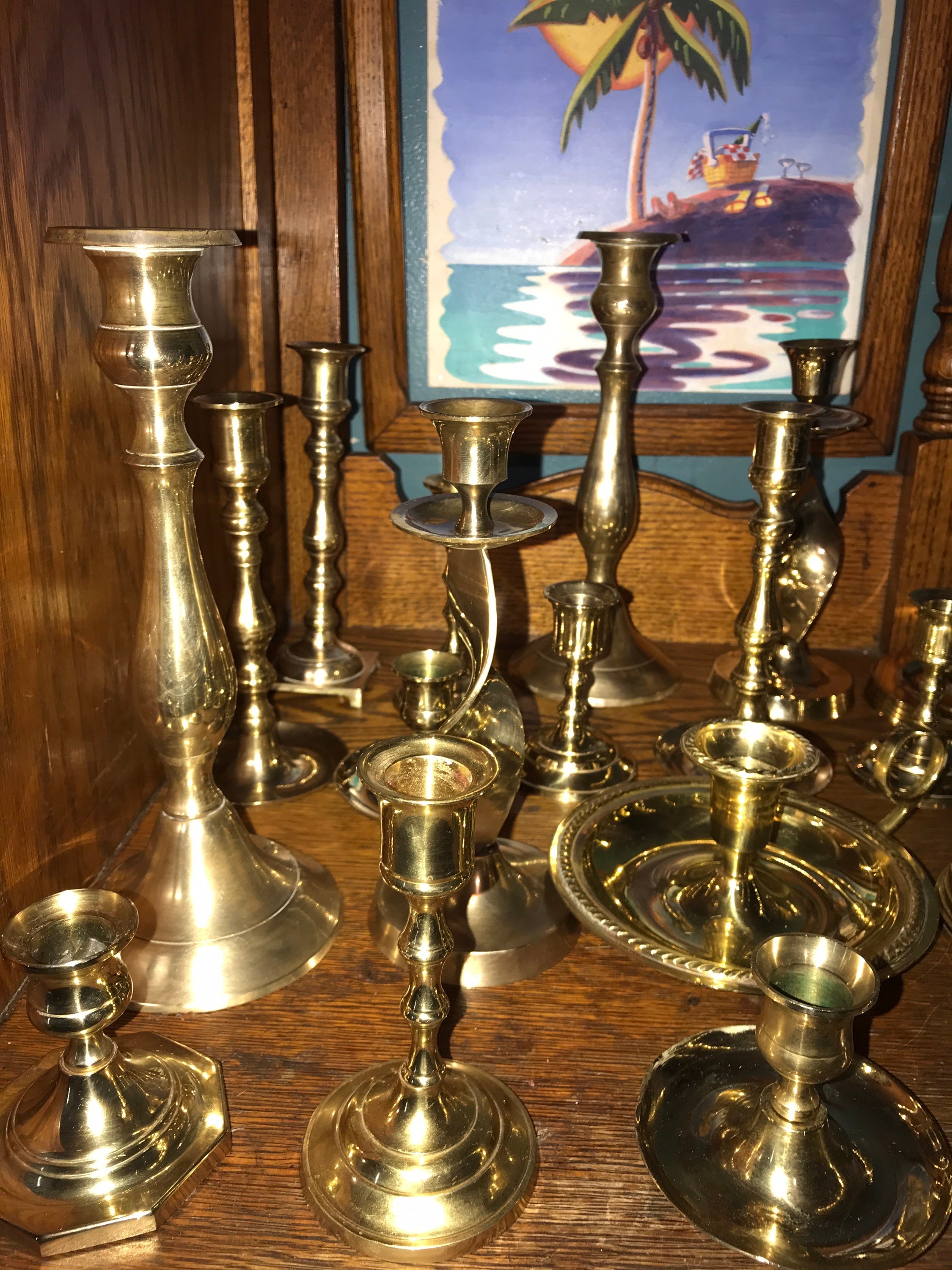 Vintage Polished Brass Candlestick Lot. Lot of 20 Brass Candlesticks