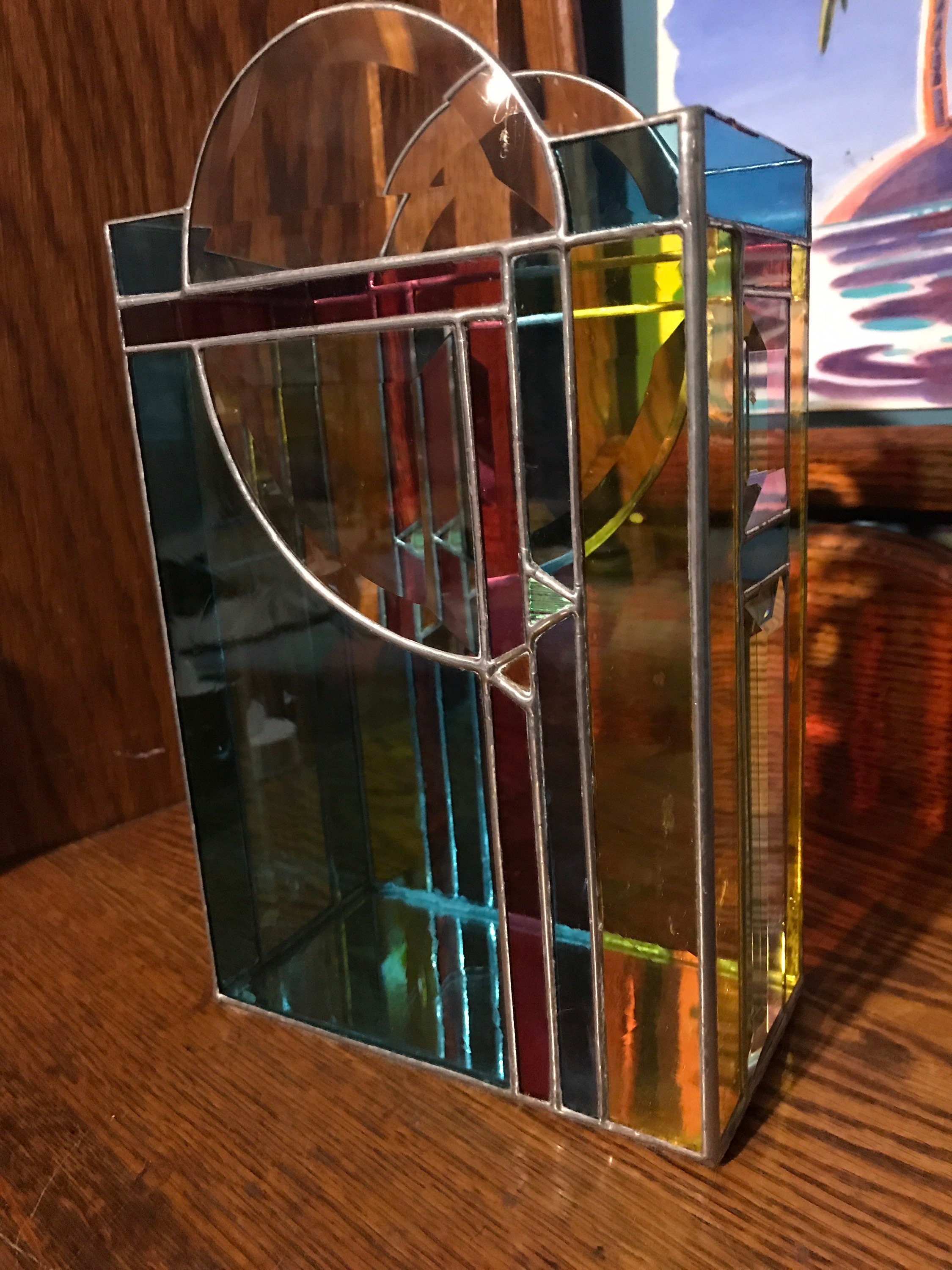 Vintage Stained Glass Candle Holder. Large Stained Glass Votive Candle