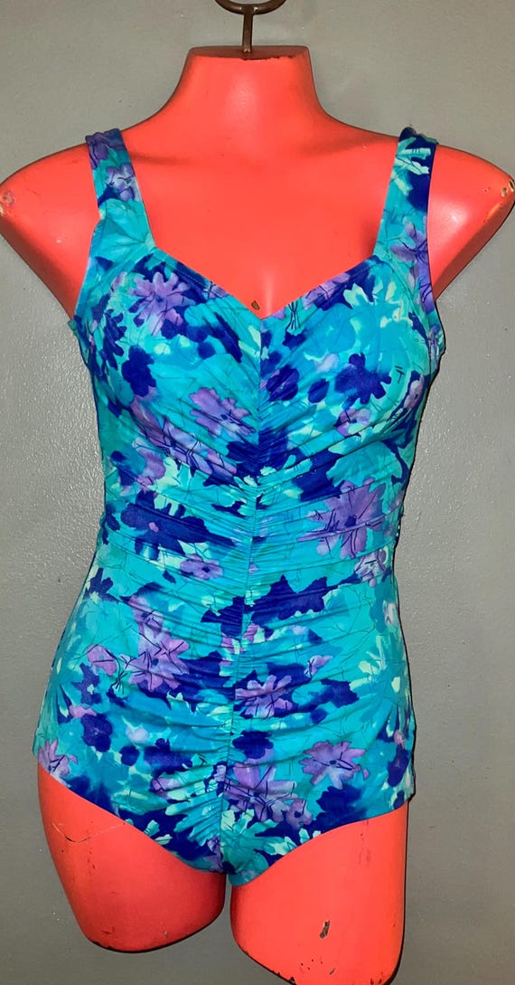 Vintage 1980s Maxine of Hollywood Blue Ruched Swimsuit, Size 10