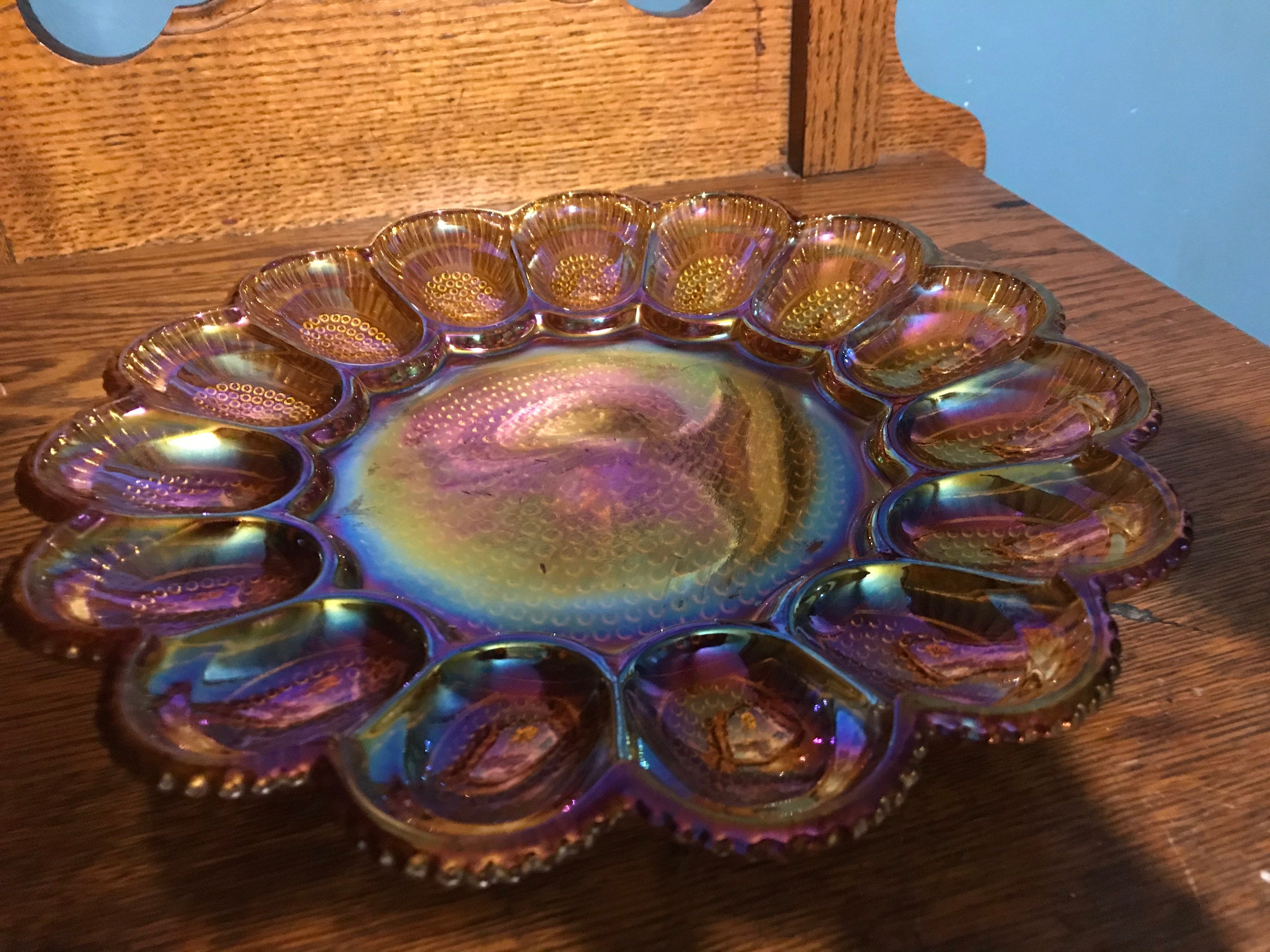 Vintage Carnival Glass Egg Plate. Iridescent Gold Deviled Egg Serving