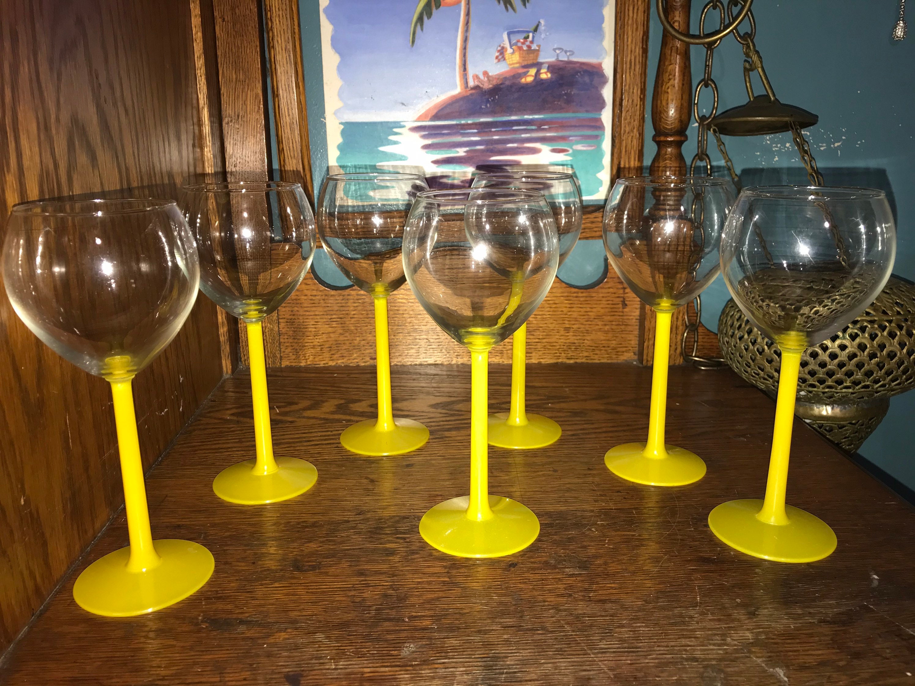 Vintage Yellow Stemmed Wine Glasses. Vintage Festival Wine Glasses. Set