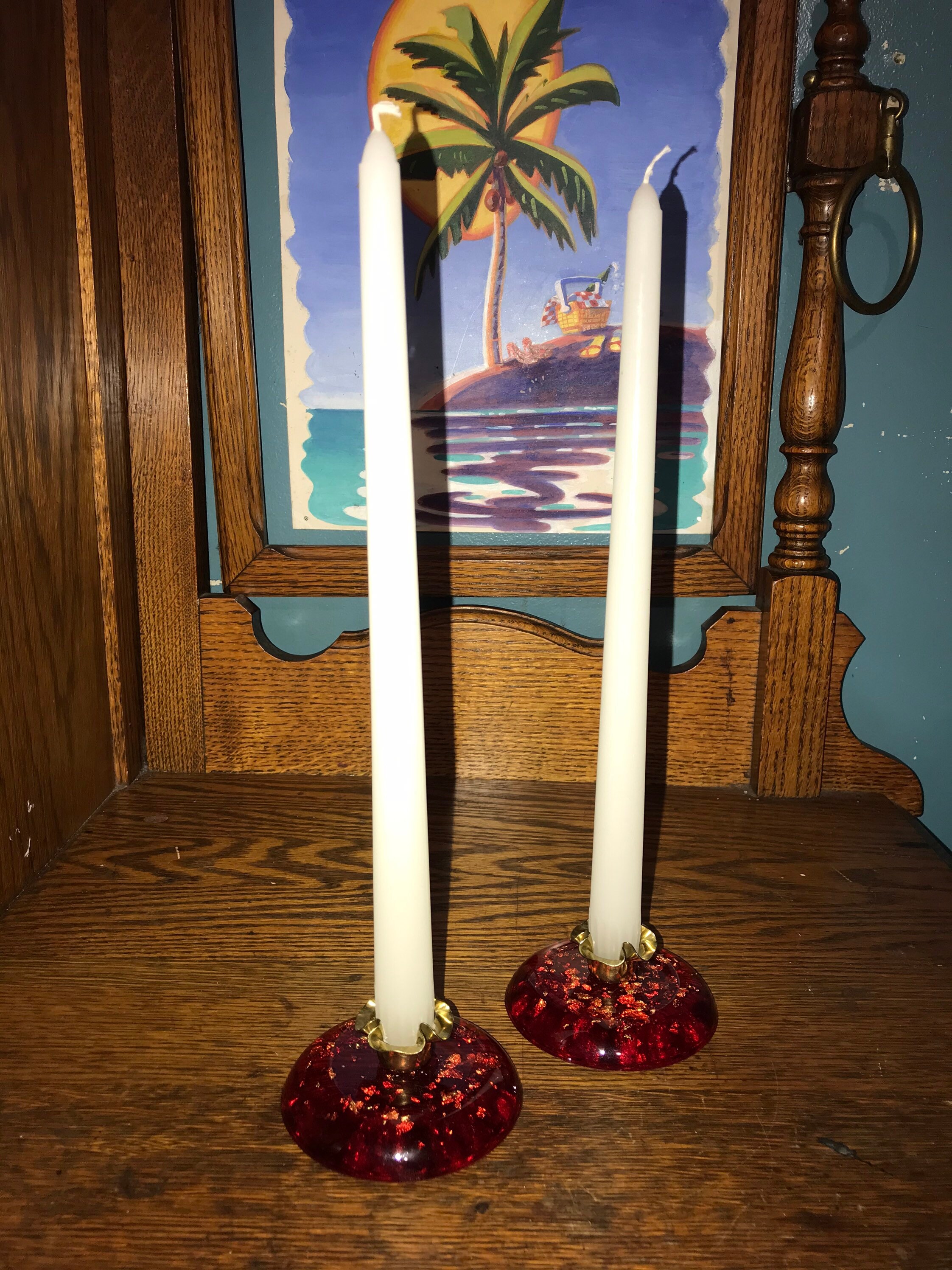 Vintage Red and Gol Lucite Candlestick Holders. Red Lucite With Gold