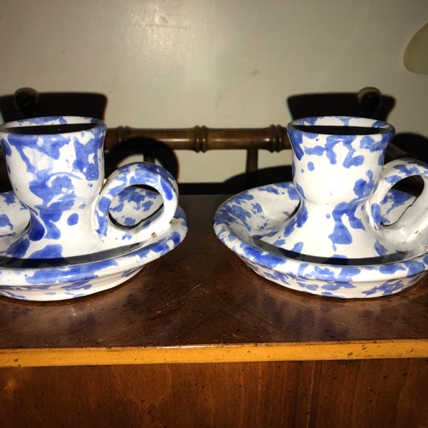Vintage Bybee Blue Sponge Ware Candlestick Holders. Bybee Pottery. Kentucky Bybee Pottery Candlestick Holders. Set of Two