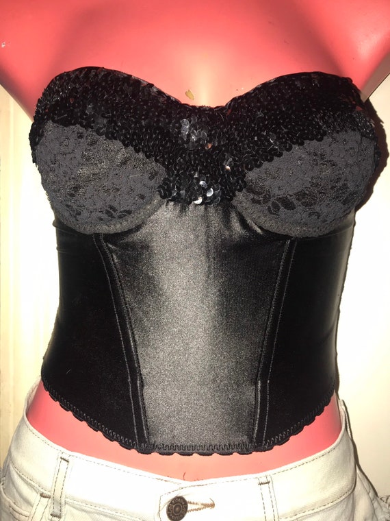 Vintage Black Corset Bra. Sequin and Lace Strapless Bra. 1990's Black Boned  Backless Corset Bra. Size 34C 