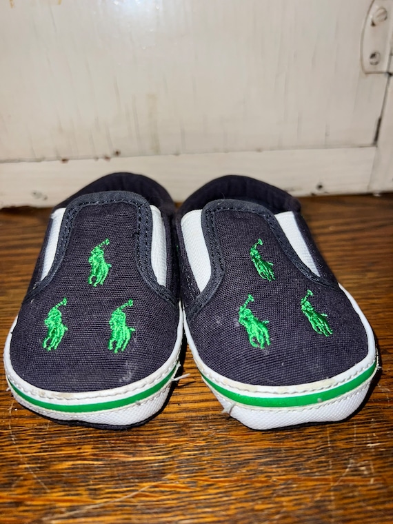 Vintage Ralph Lauren Baby Shoes. Navy Blue and Green Ralph Lauren Polo Baby Shoes, Size 3