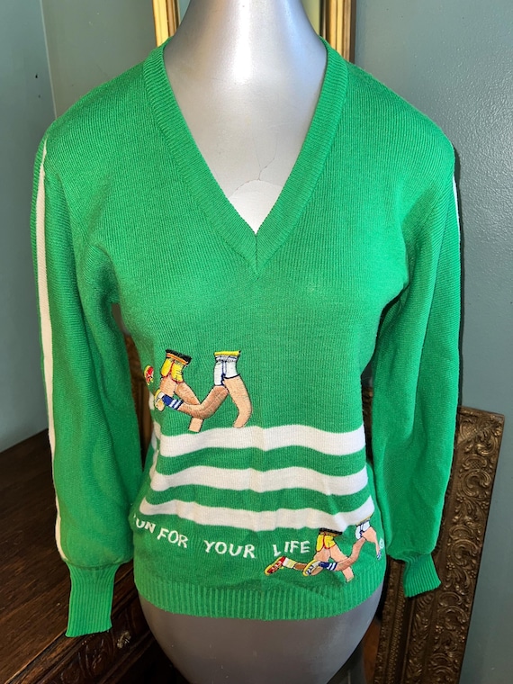 Vintage 1970’s Green and White Track Sweater, Embroidered “Run For Your Life”
