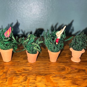 Vintage Doll House, Miniature Plant and Flower in Teracotta Pots, Set of Four